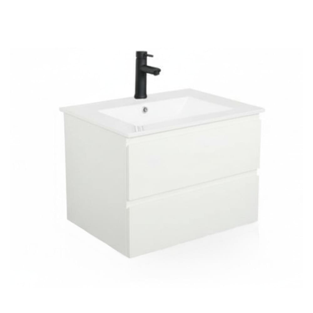 Mob In Einzelwaschtisch-Set 60cm mit Keramikplatte und schwarzem Wasserhahn Weiß Spanplatte