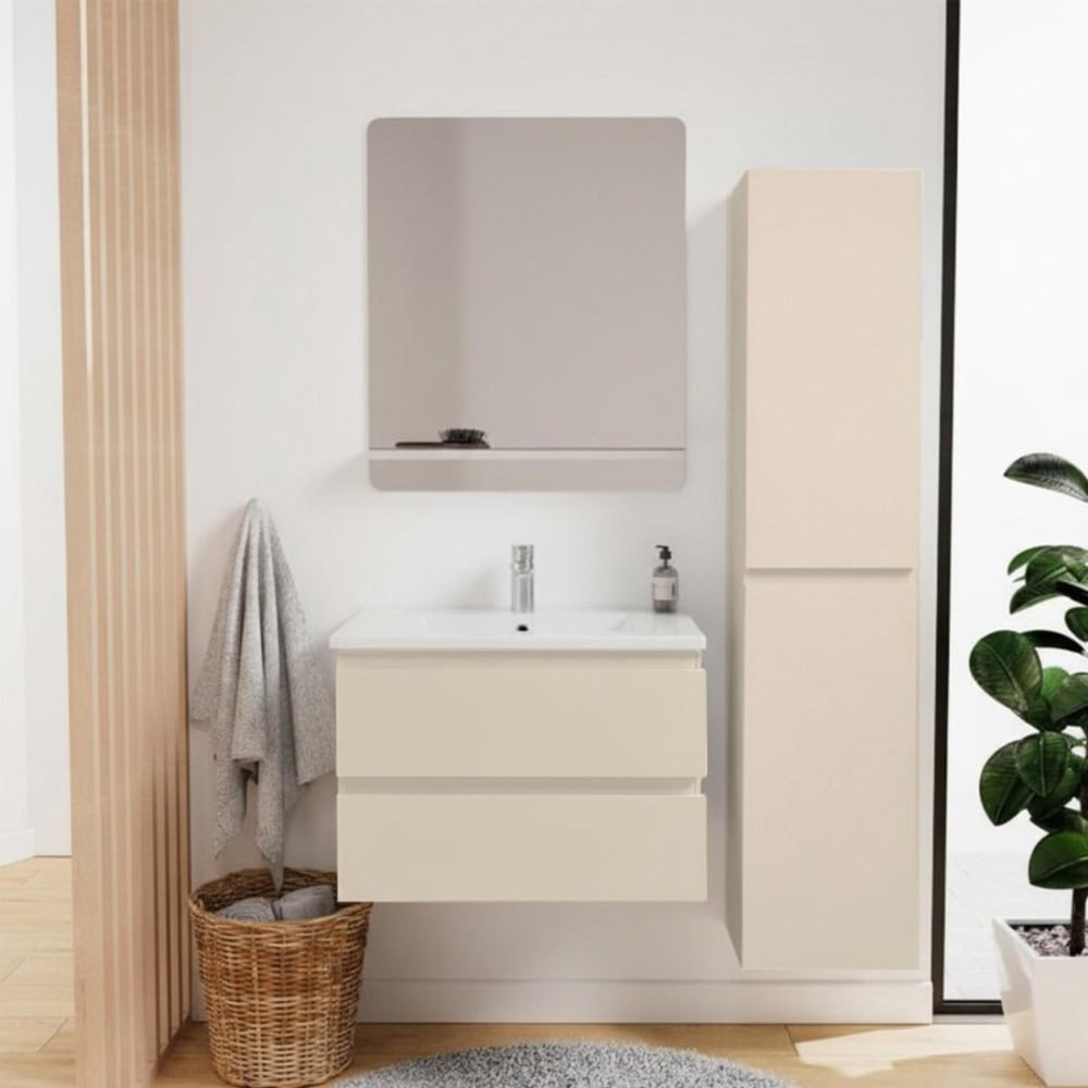 Mob In Einzelwaschtisch-Set 60 cm + Wasserhahn + Spiegel + -Säule Beige Spanplatte