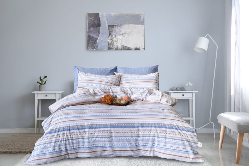 Blanc Avenue Bettwäschegarnitur 1 Bettbezug 240x220 cm+2 Kopfkissenbez 65x65 cm Blau Öko-Tex Zertifikat Baumwolle