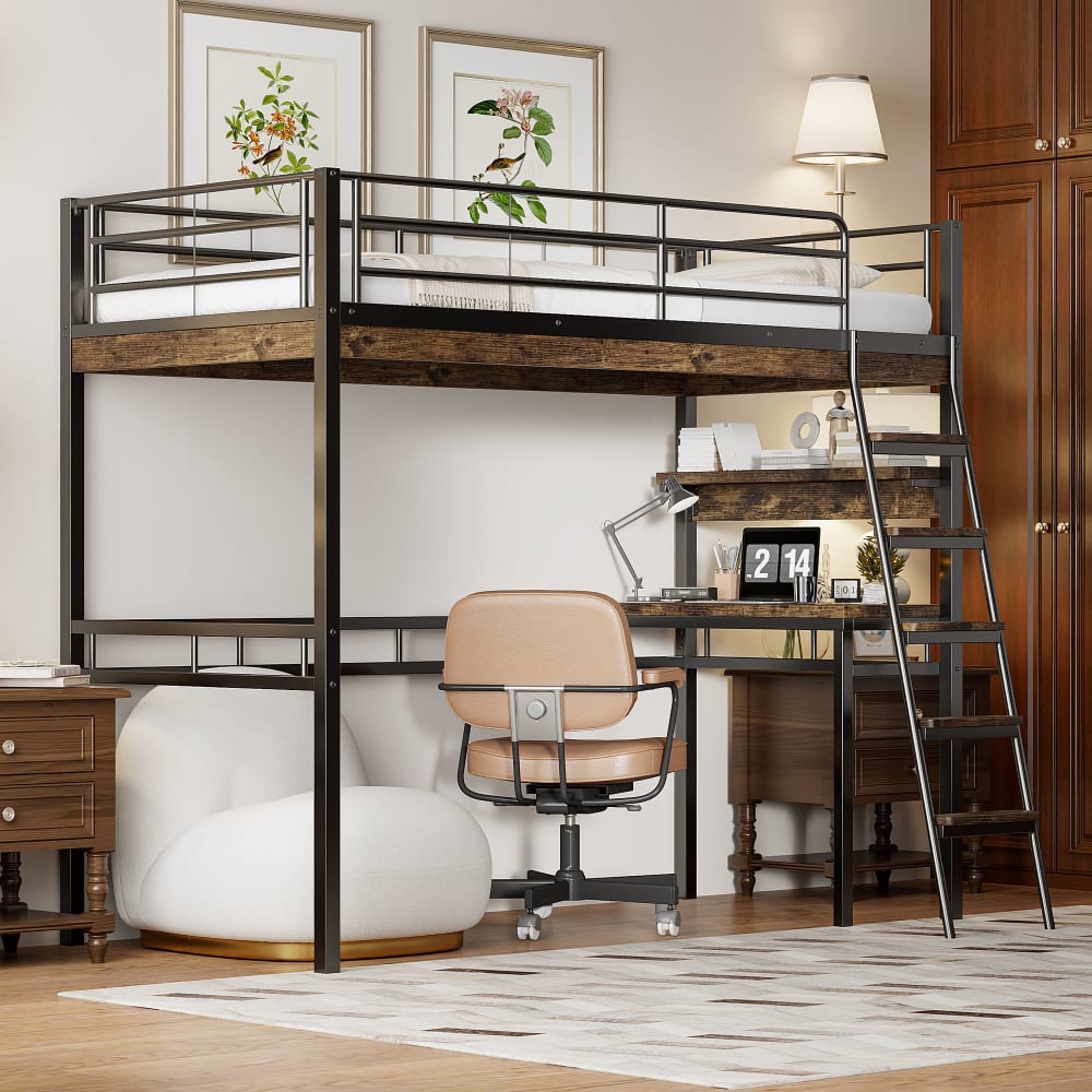 Hochbett mit Schreibtisch aus Metall 90x200 cm, schwarz - Maisons