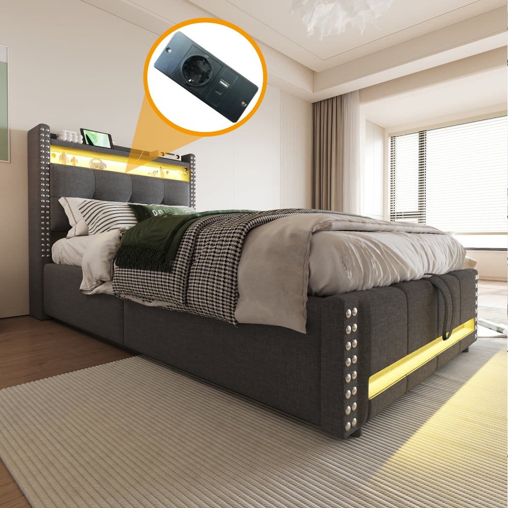 Kinderbett mit Stauraum und LED aus Leinen 90x200 cm, grau -
