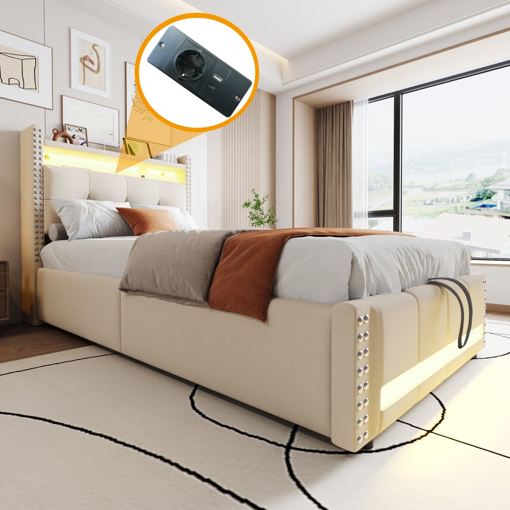 Kinderbett mit Stauraum und LED aus Leinen 90x200 cm, beige -