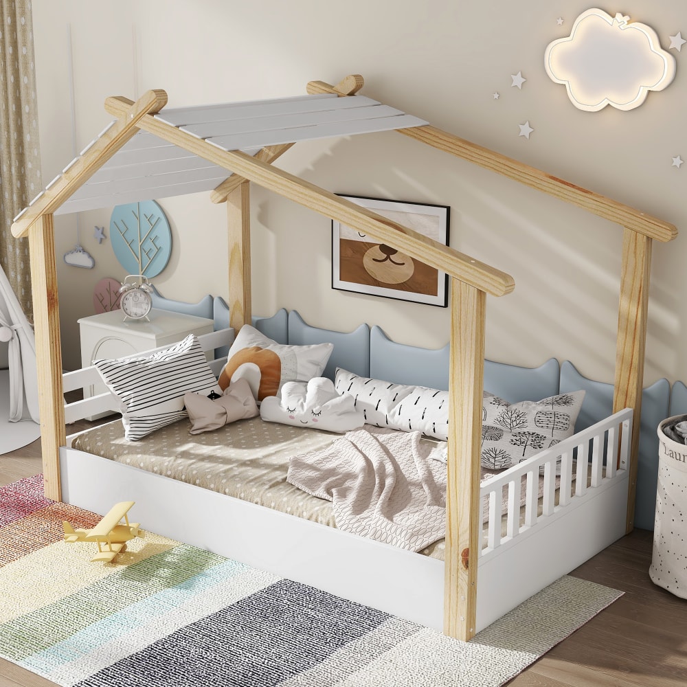 Kinderbett aus Holz und Spanplatte 90x200 cm, weiß und natur -