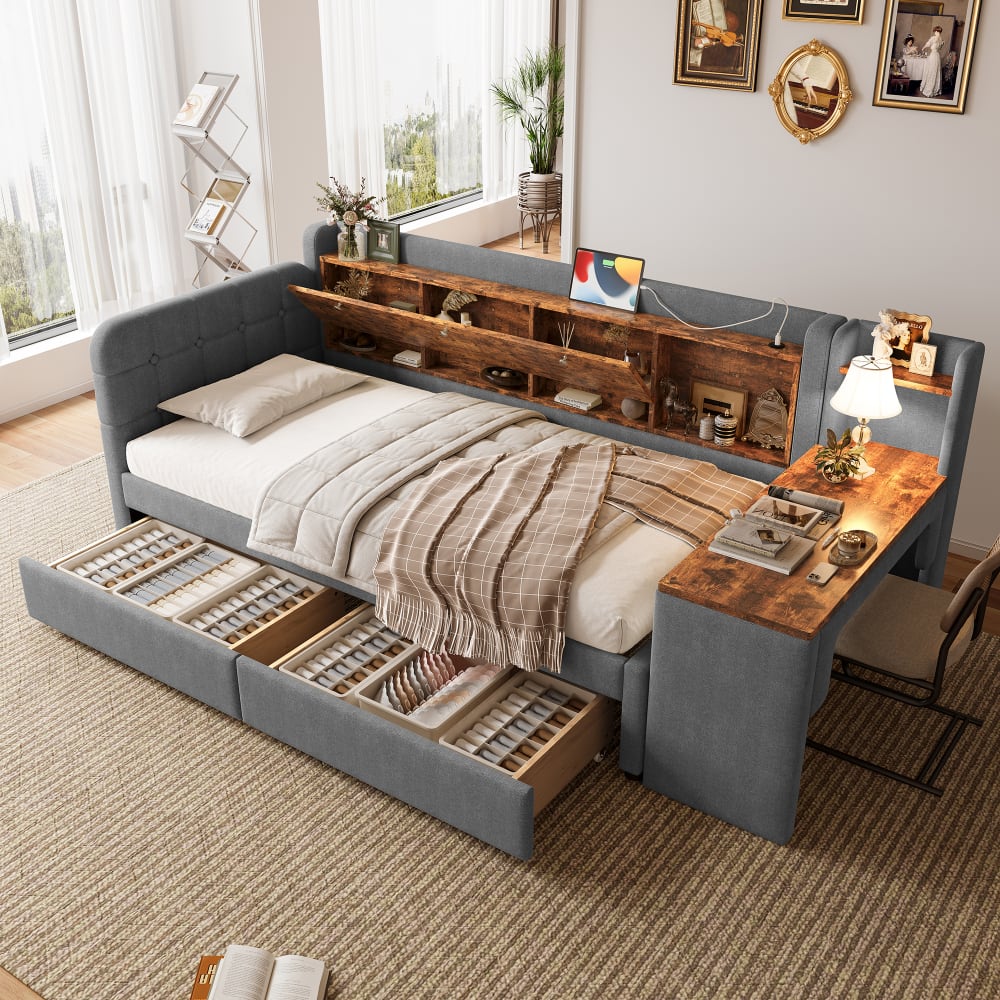 MODFU Kinderbett mit Schubladen und Schreibtisch aus Leinen 90x200 cm, grau style modern Leinen Baby