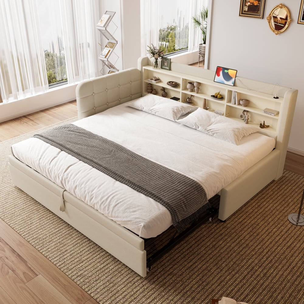 Kinderbett mit Ausziehbett und USB aus Leinen 90x200 cm, beige -