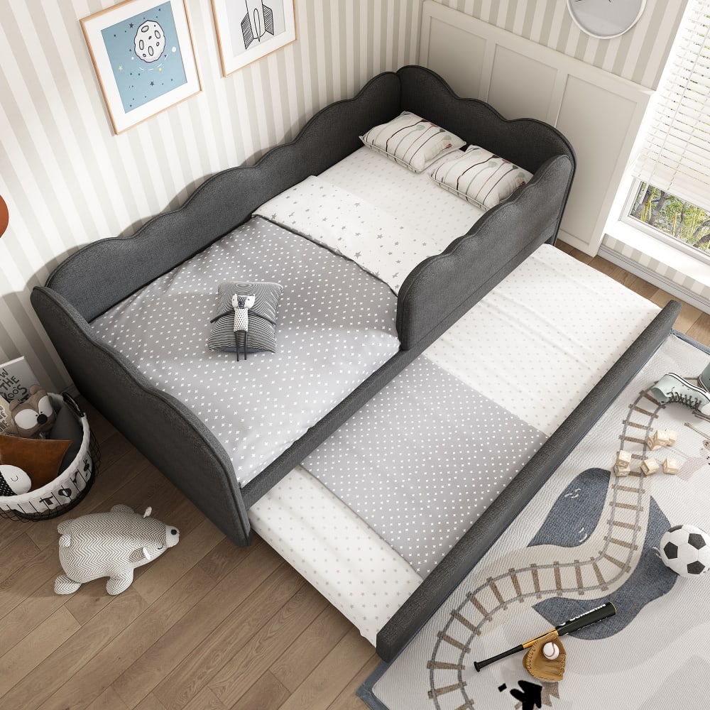 Kinderbett mit Ausziehbett aus Leinen 90x190 cm, grau - Maisons