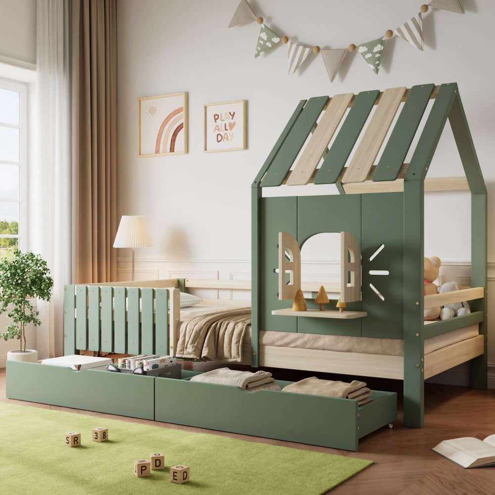 MODFU Kinderbett mit 2 Schubladen aus Holz 90x200 cm, grün style modern Spanplatte Baby