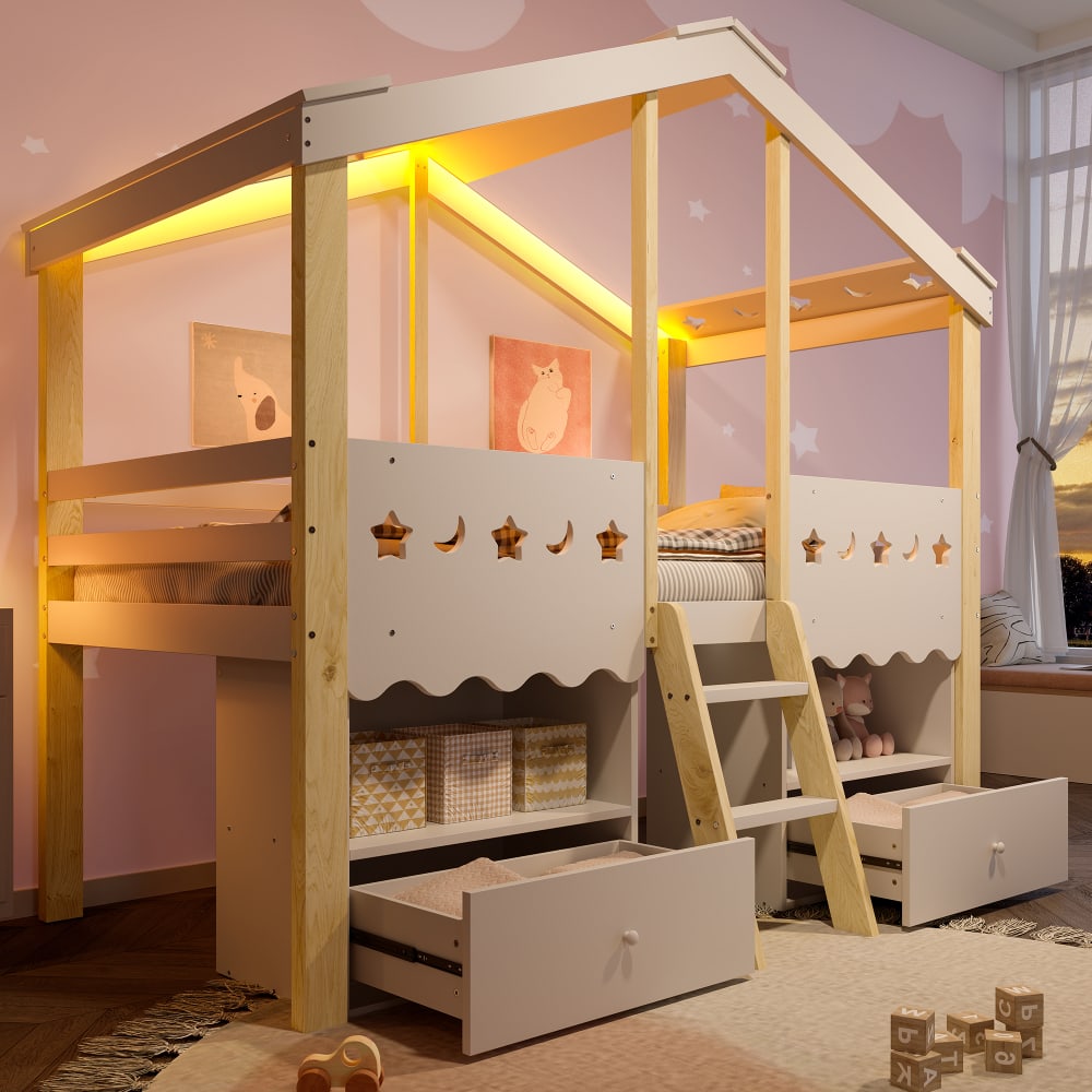 Hochbett mit 2 Schubladen und LED aus Holz 90x200 cm, weiß -