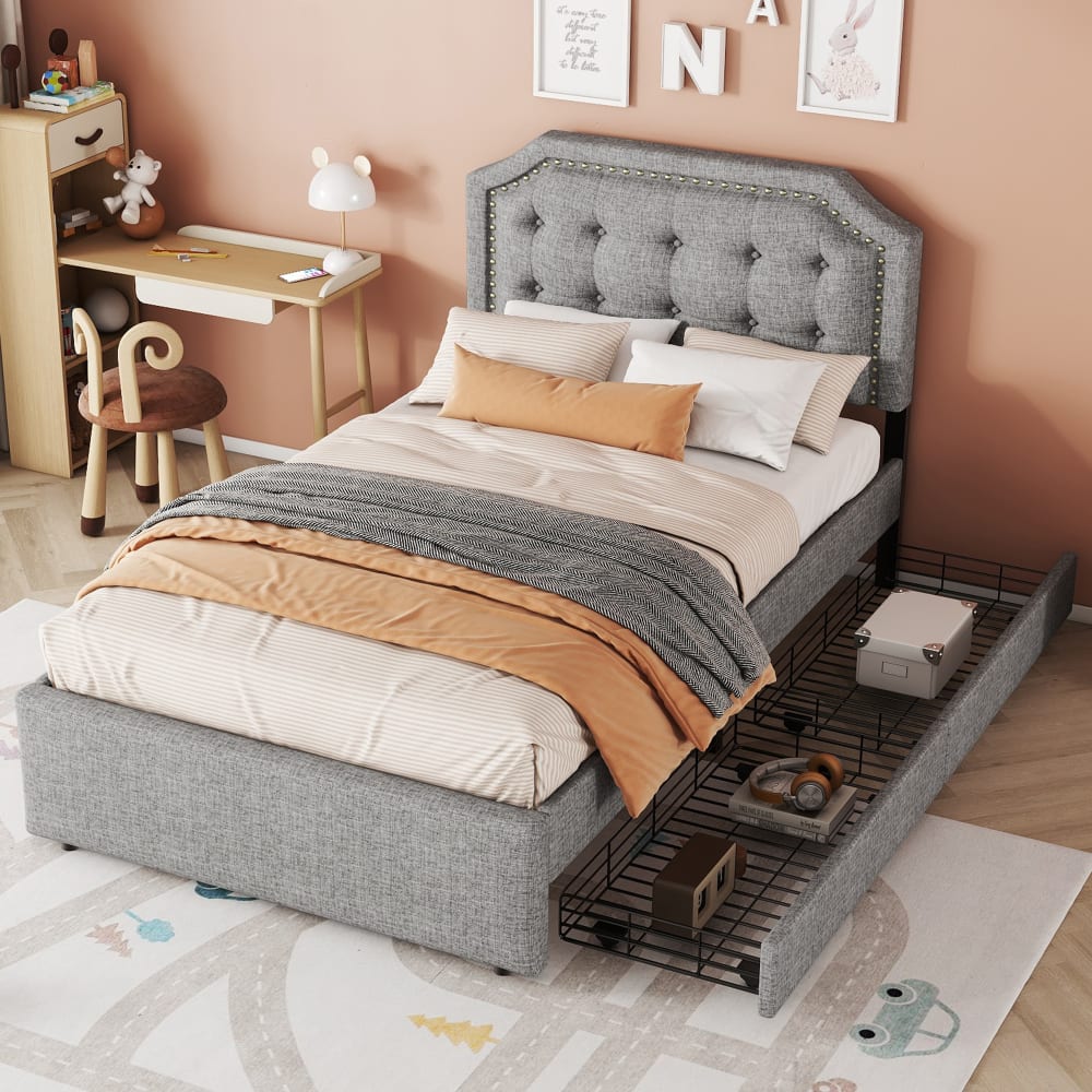 MODFU Kinderbett mit 2 Schubladen aus Leinen 90x200 cm, grau style modern Leinen Baby