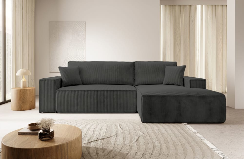 Ecksofa mit Schlaffunktion und Stauraum, Dunkelgrau, rechts -