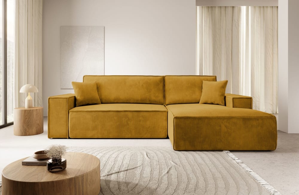 Ecksofa mit Schlaffunktion und Stauraum, Senfgelb, rechts -