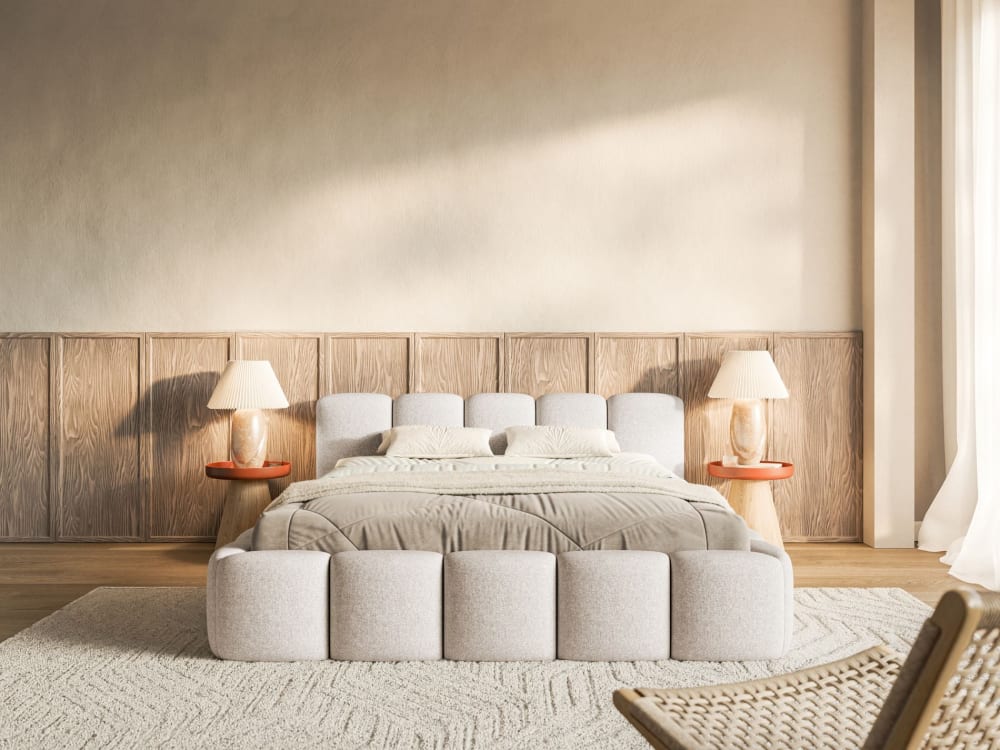 Lit rembourré coffre 160x200 tissu chenille beige clair