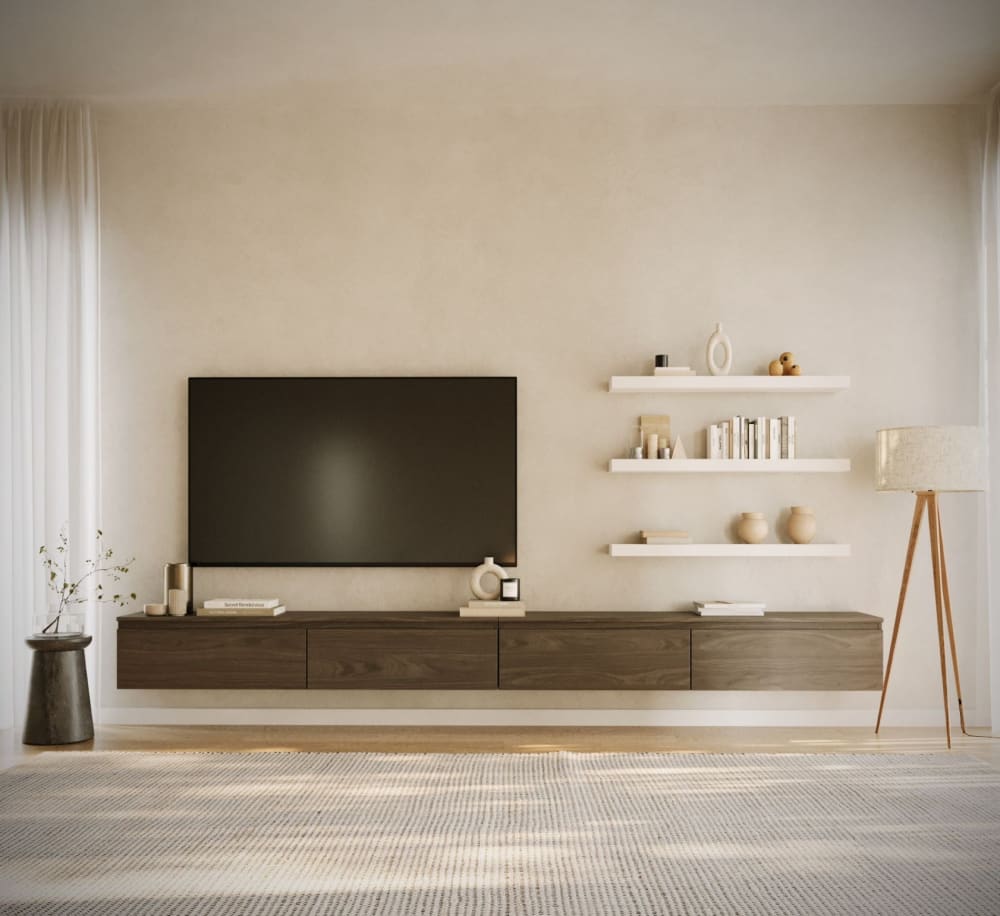 Meuble tv mural à quatre abattants 300 cm, aspect bois noyer