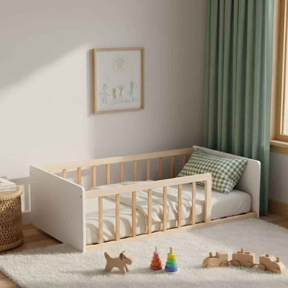 Lit enfant inspiration Montessori au sol à barreaux 90x190 naturel et