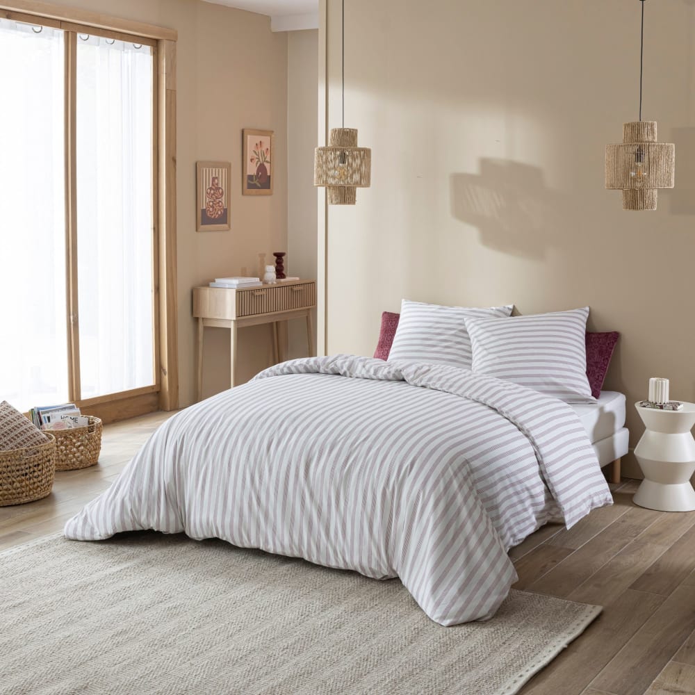 Parure de lit coton à rayures bordeaux 260x240 cm