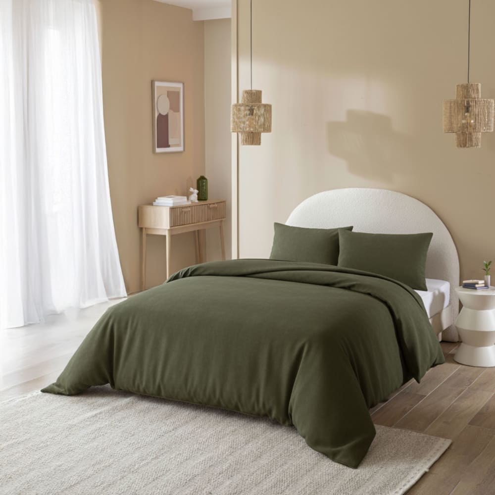Parure de lit flanelle uni kaki 240x220
