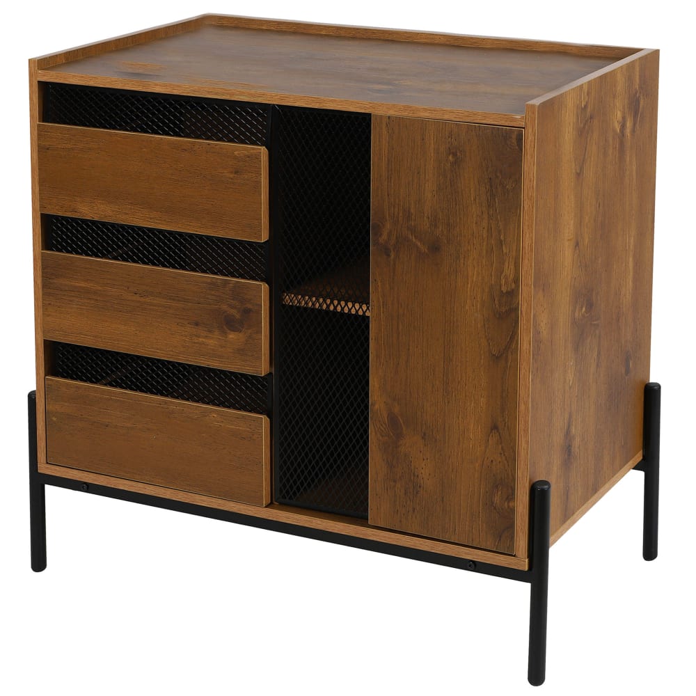 Commode 3 tiroirs et 1 porte bois et métal noir 80x40x75cm