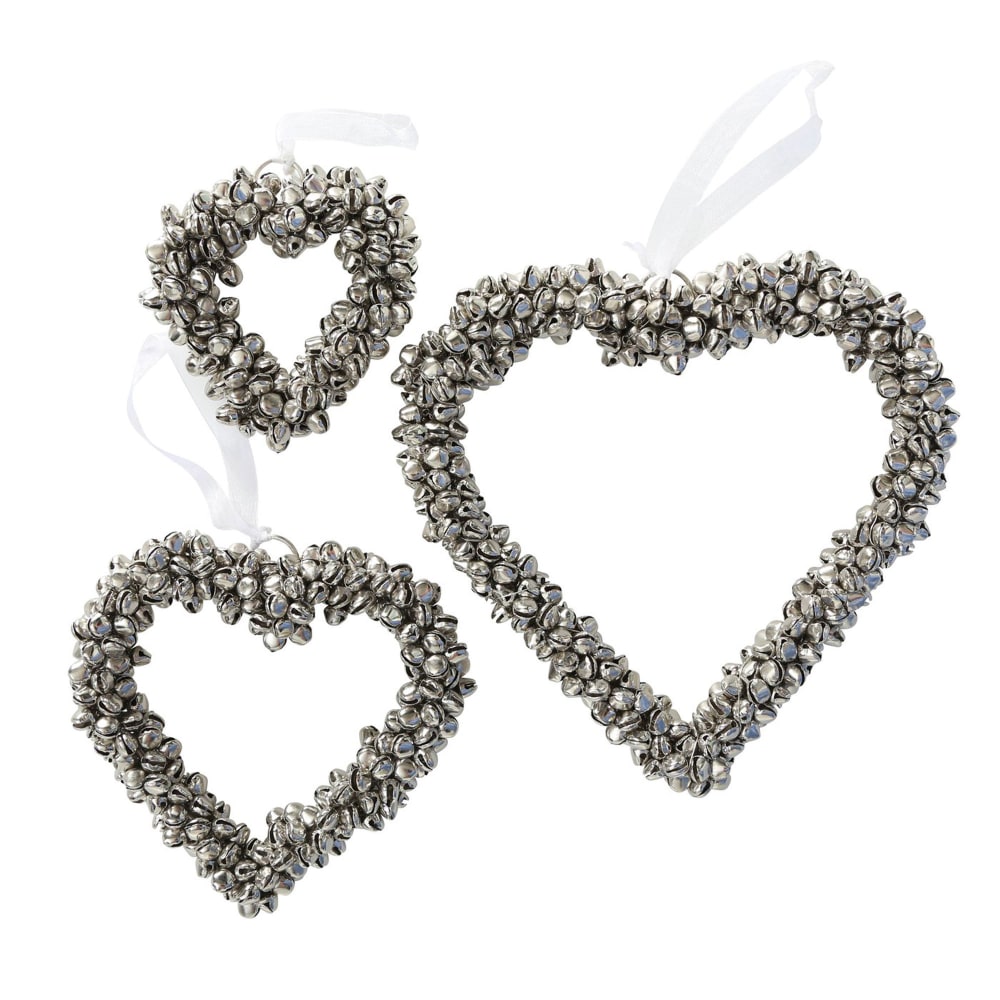 Set de 3 suspensions de Noël coeurs clochettes argentées 16cm