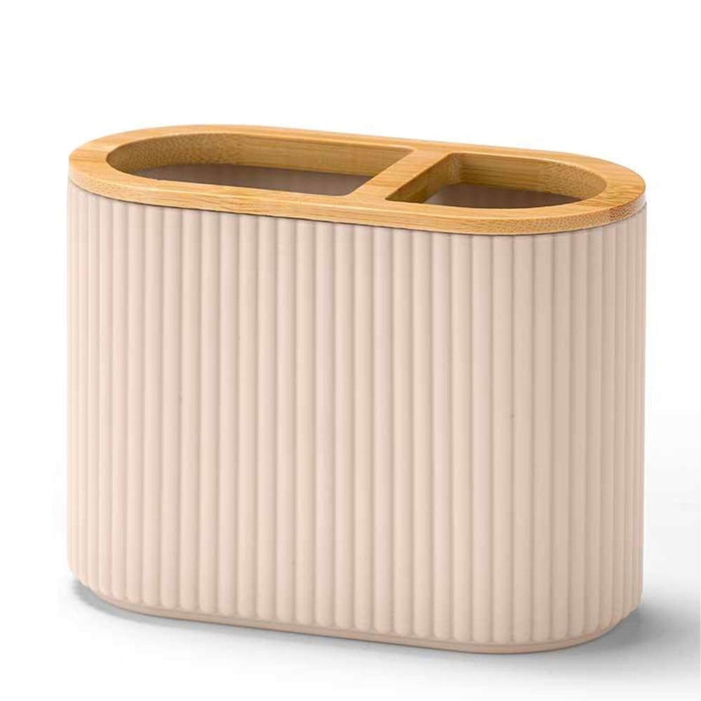 Porte brosse à dents beige stries et bambou 13x10x6.5cm