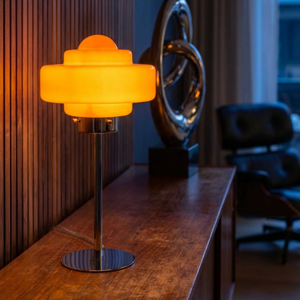 Lampe à poser en verre & métal orange
