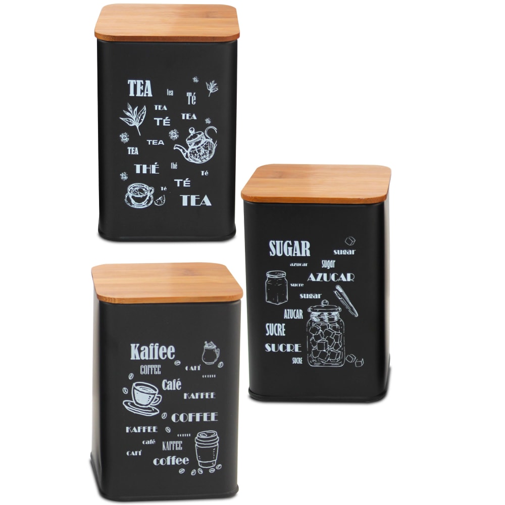 Set de 3 boîtes de cuisine en métal noir et bois café, thé, sucre 9.5x