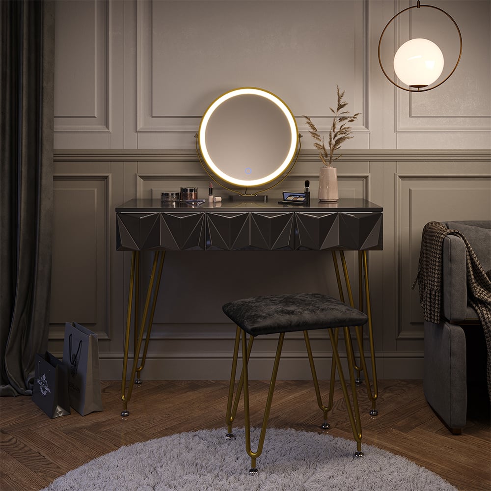 Coiffeuse avec miroir LED et tabouret, Noir 100 x 81cm
