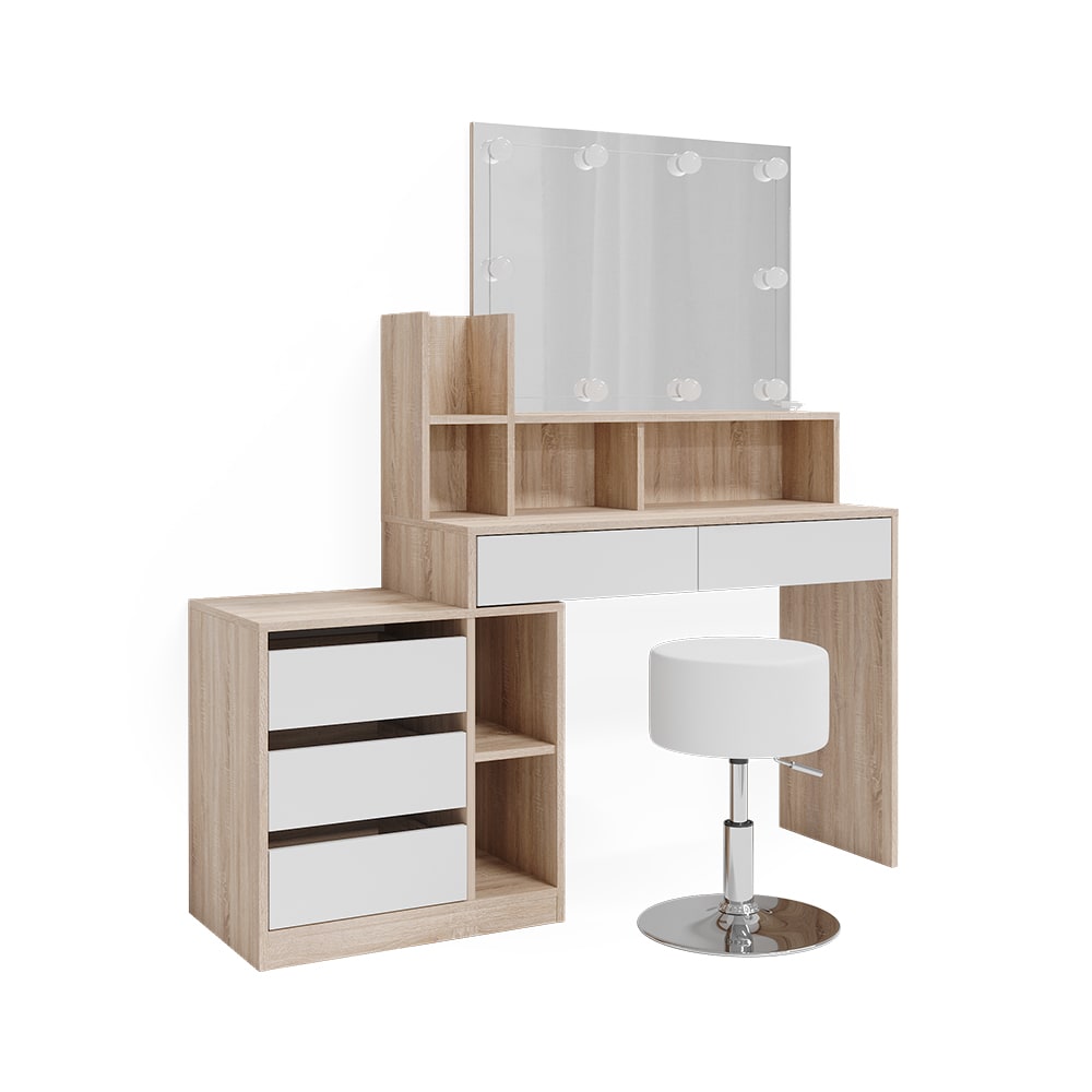 Vicco Schminktisch mit LED Beleuchtung und Hocker Weiß/Sonoma 139,8x115cm style modern Weiß Spanplatte