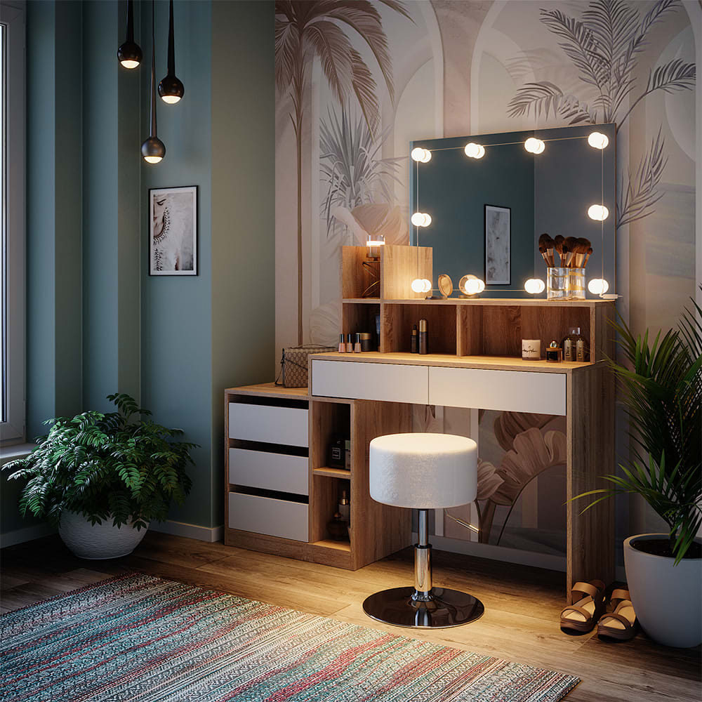 Coiffeuse avec éclairage led et tabouret blanc/sonoma 139,8x115cm
