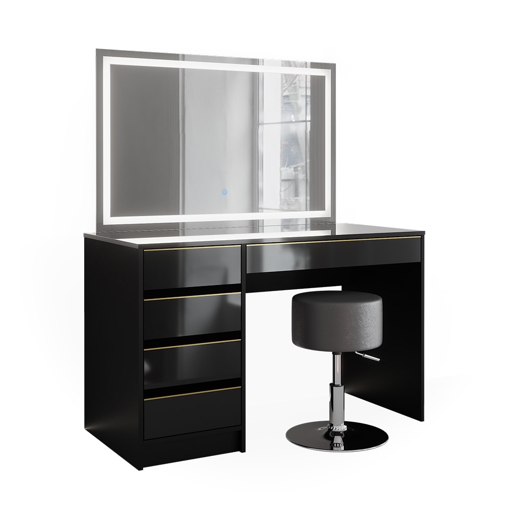 Coiffeuse avec miroir LED et tabouret, noir/or 120 x 75cm