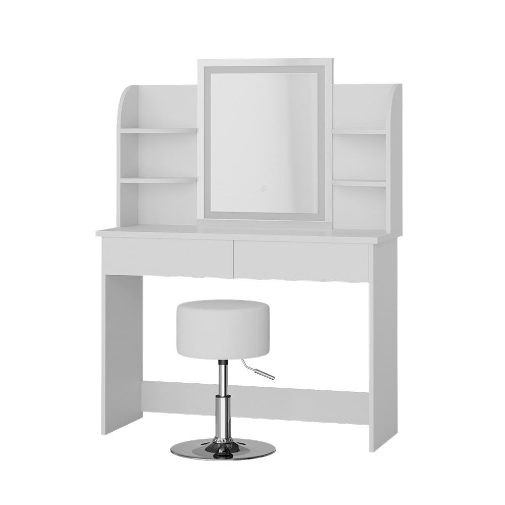 Coiffeuse avec miroir LED et tabouret, Blanc 106 x 142cm