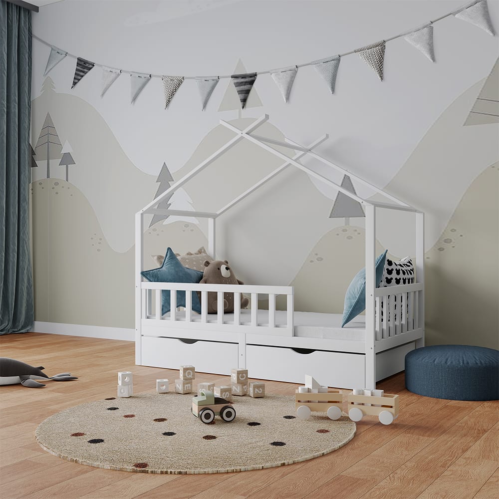 Lit cabane avec 2 tiroirs et matelas, Blanc 166 x 154cm - image 2