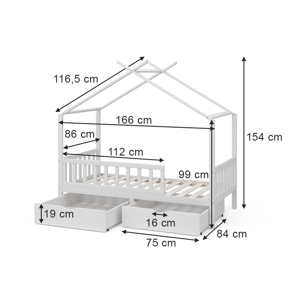 Lit cabane avec 2 tiroirs et matelas, Blanc 166 x 154cm - image 3