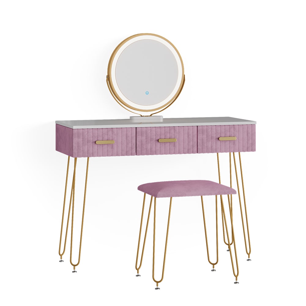 Coiffeuse avec éclairage LED et tabouret, Rose 100 x 79cm