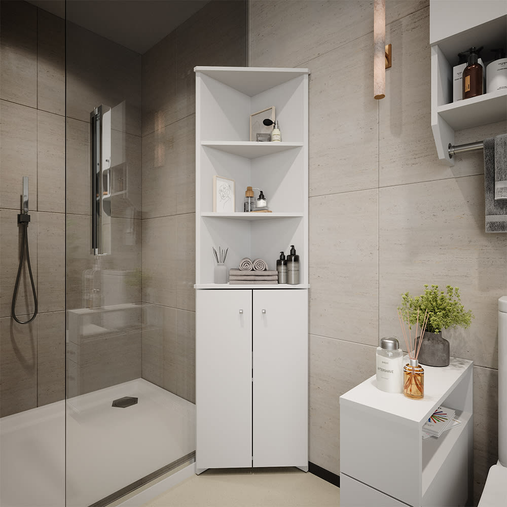 Badschrank Eckschrank mit 2 Türen, Weiß 51.5 x 175cm - Maisons Du