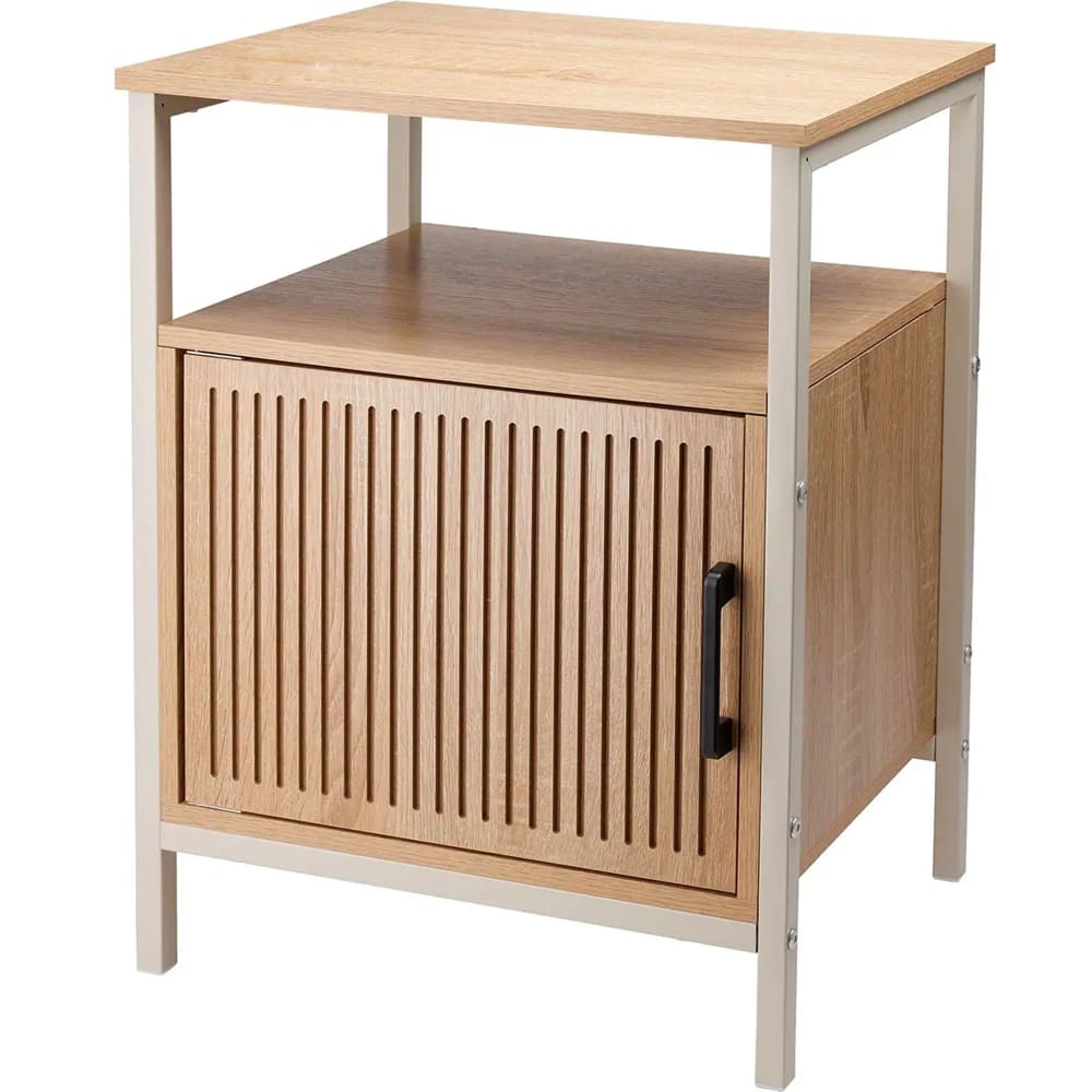 Table de chevet bois et métal blanc avec placard 43x33x55cm