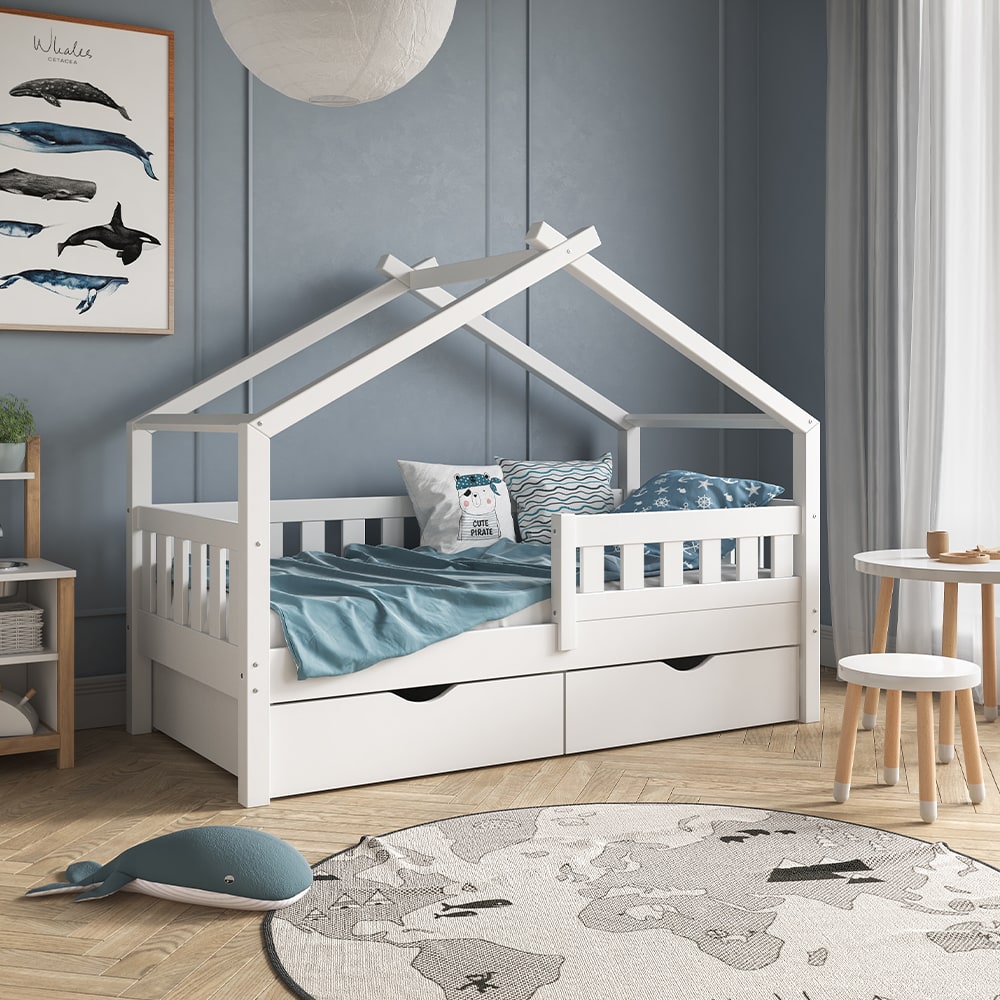 Lit cabane avec 2 tiroirs et matelas, Blanc 167.6 x 133.6cm