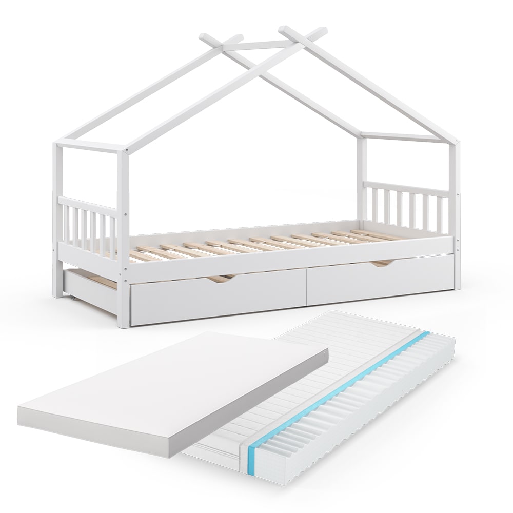 Lit cabane avec lit dappoint et 2 matelas Blanc 208x148cm