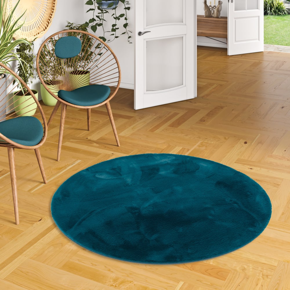 Tapis rond en fausse fourrure pétrole 80x80 cm — vue 3