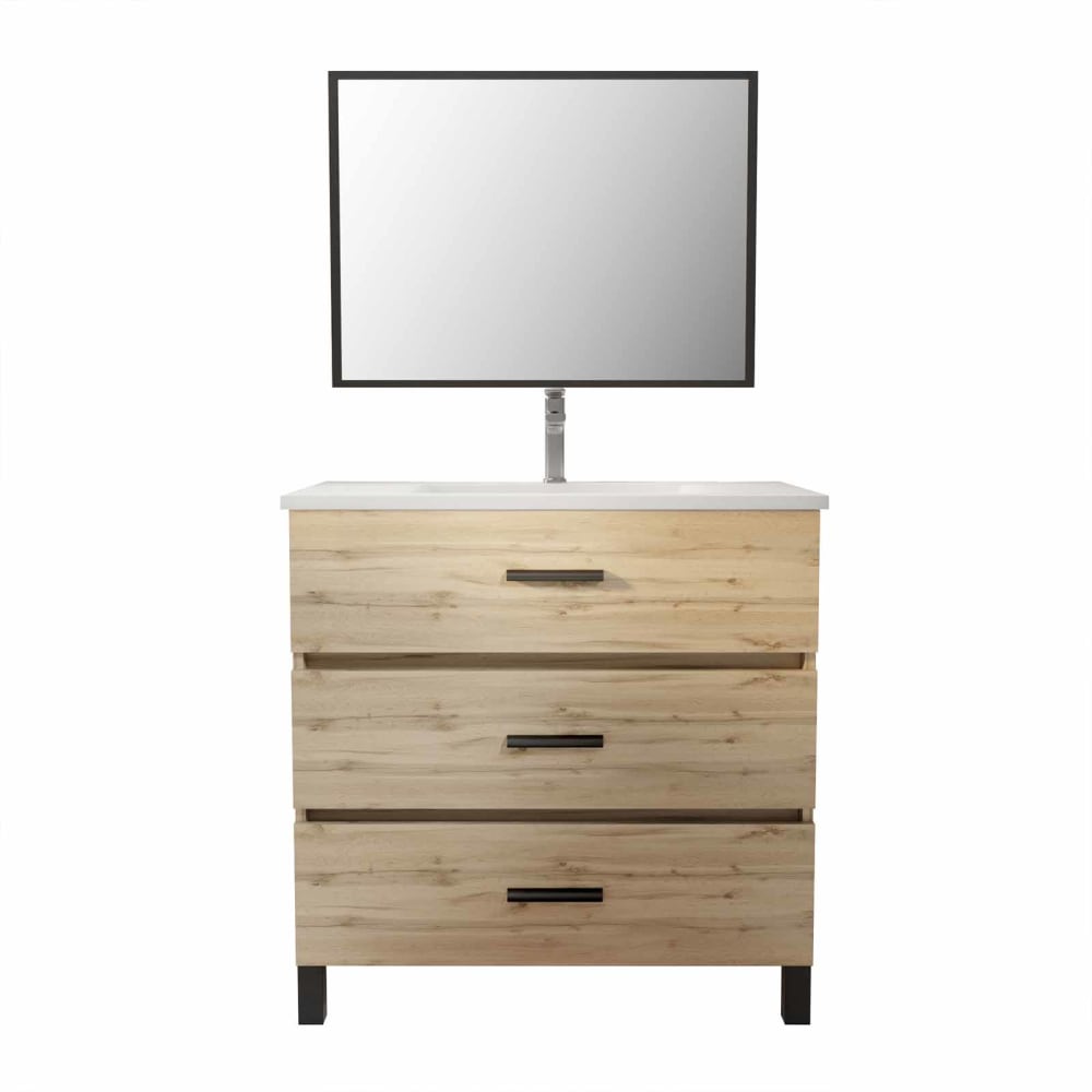 Meuble de salle de bains effet bois marron avec miroir