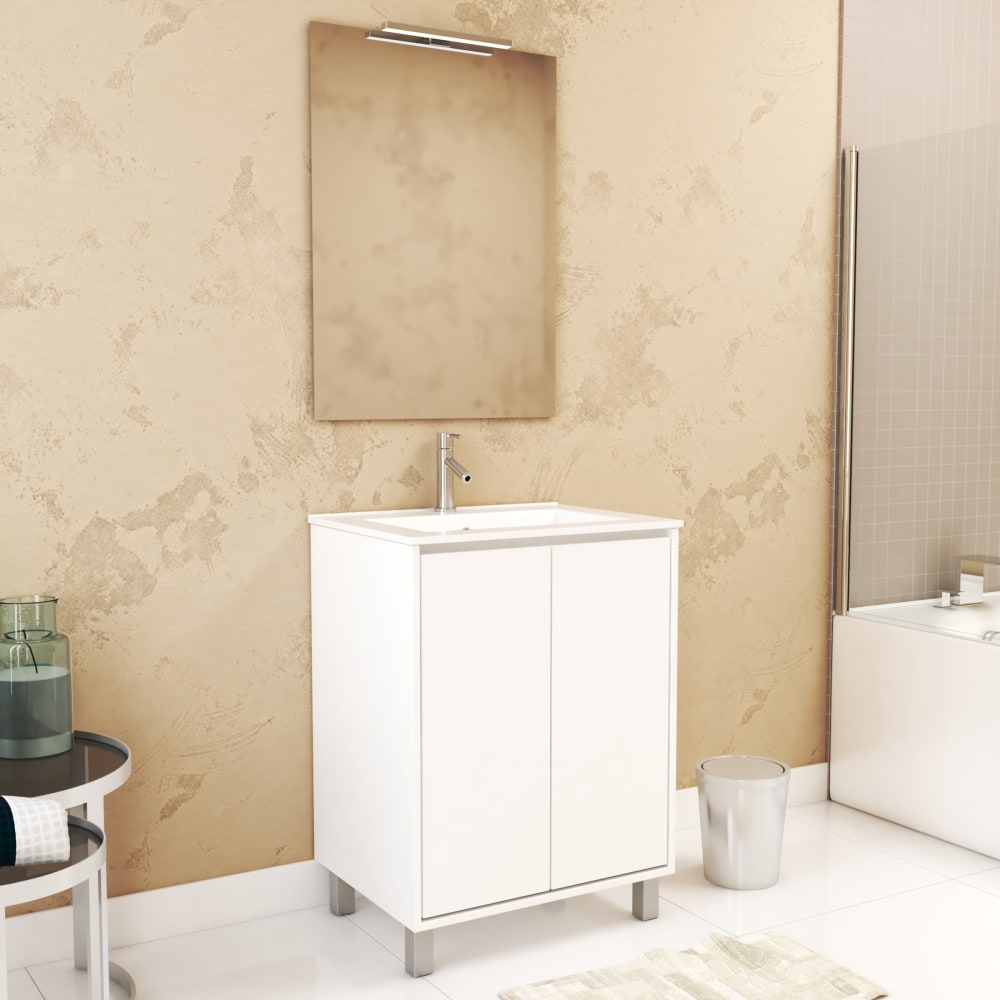 Meuble de salle de bains effet bois blanc avec miroir 46x60x83cm