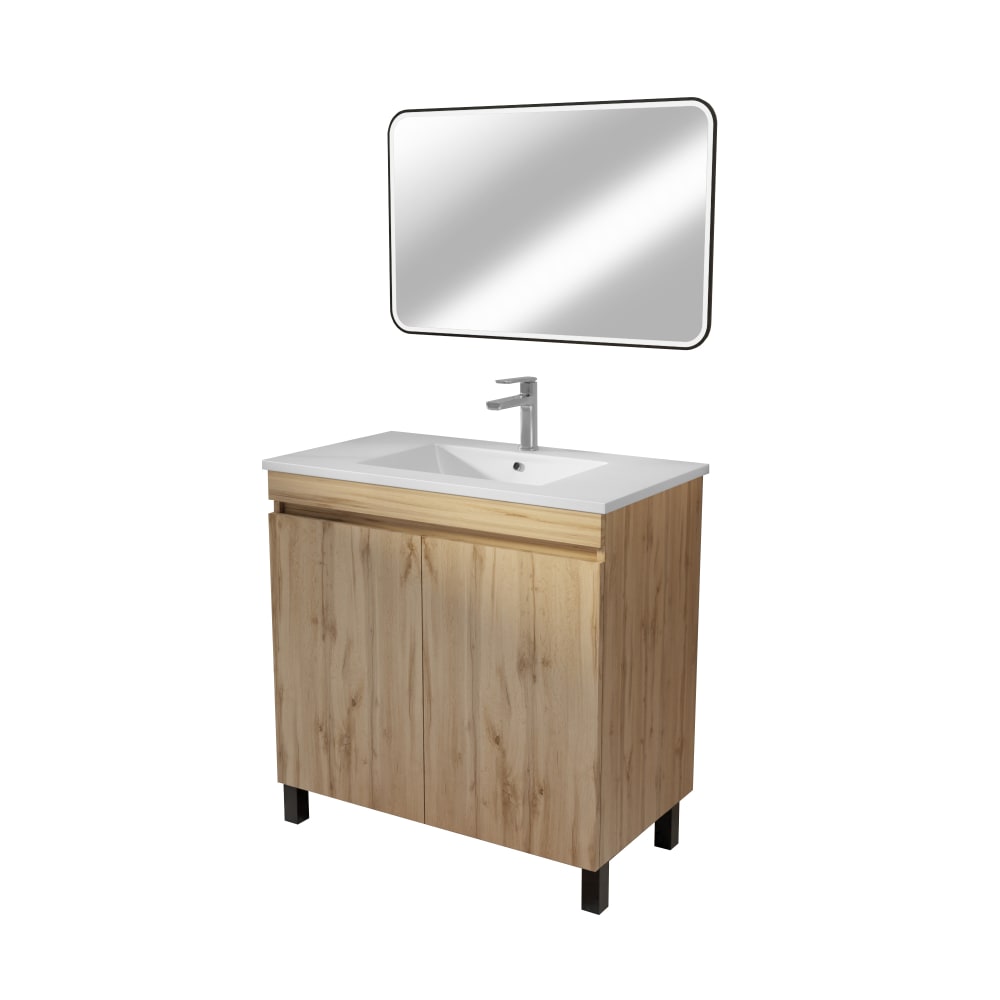 Meuble de salle de bains effet bois marron avec miroir