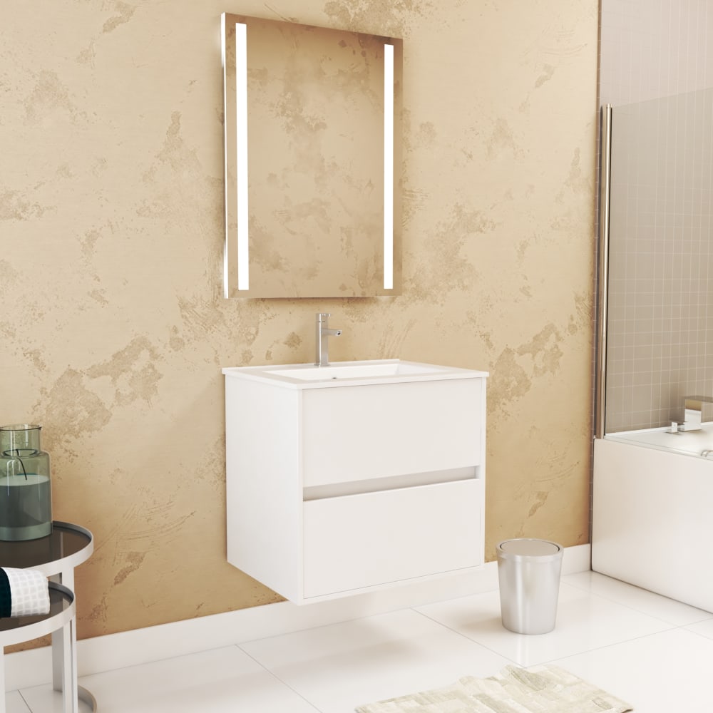 Meuble de salle de bains effet bois blanc avec miroir 46x60x56cm