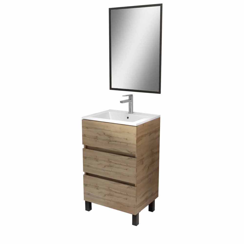 Meuble de salle de bains effet bois marron avec miroir