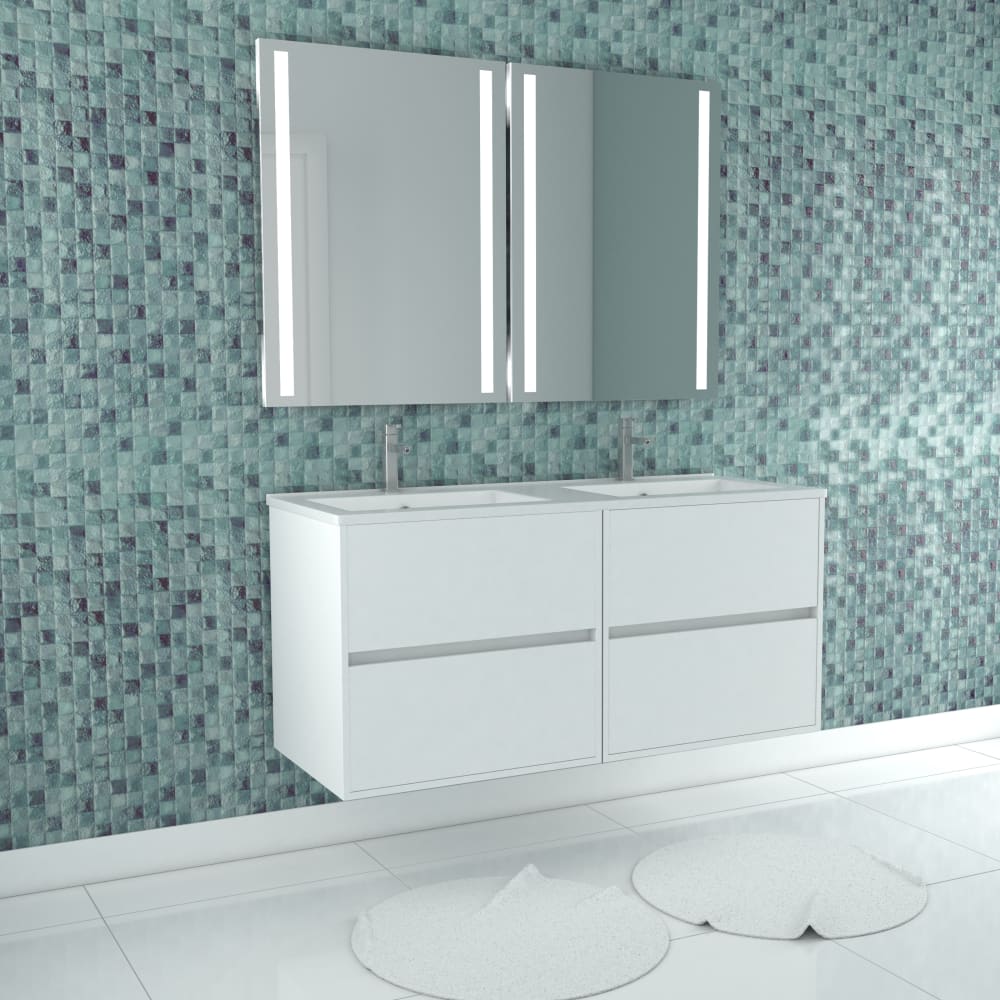 Meuble de salle de bains effet bois blanc avec miroir 46x120x56cm