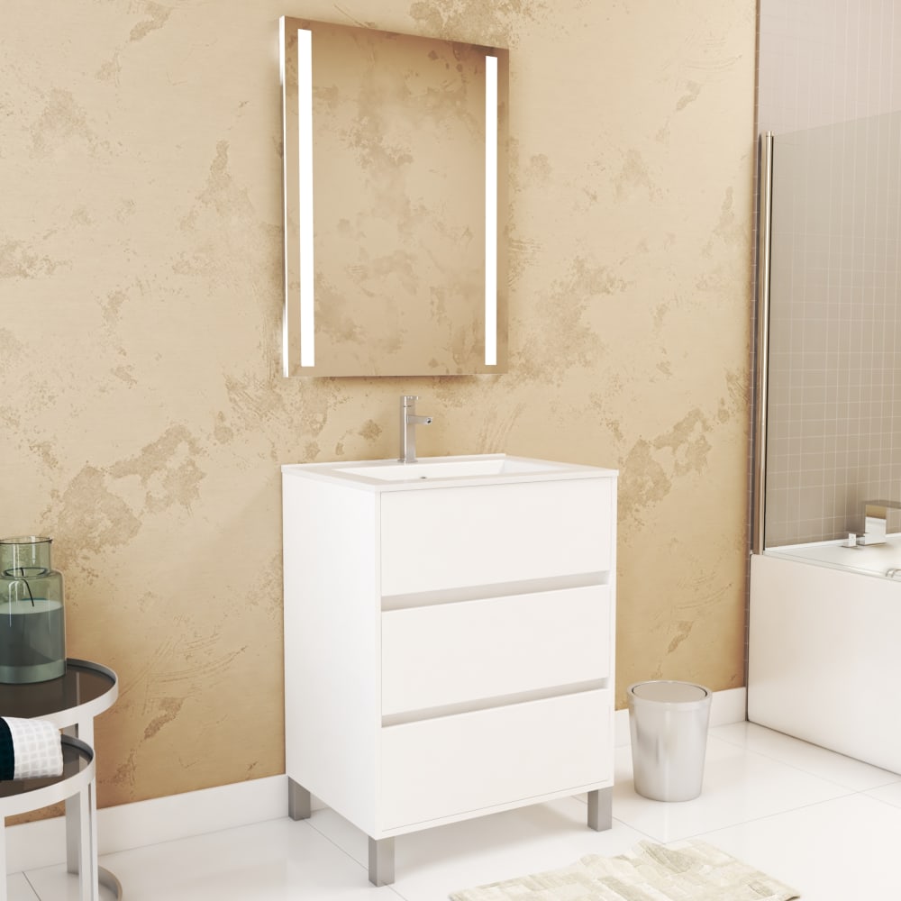 Meuble de salle de bains effet bois blanc avec miroir 46x60x83cm