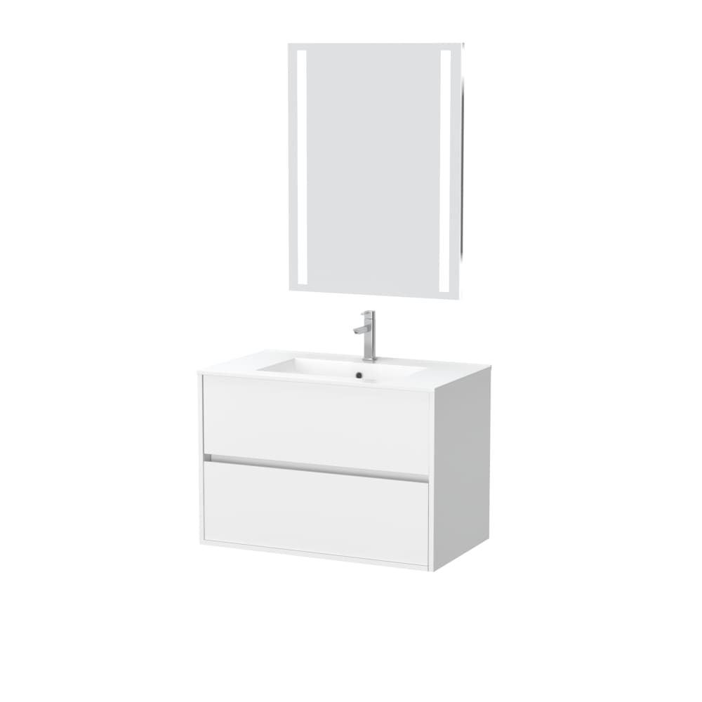 Meuble de salle de bains effet bois blanc avec miroir