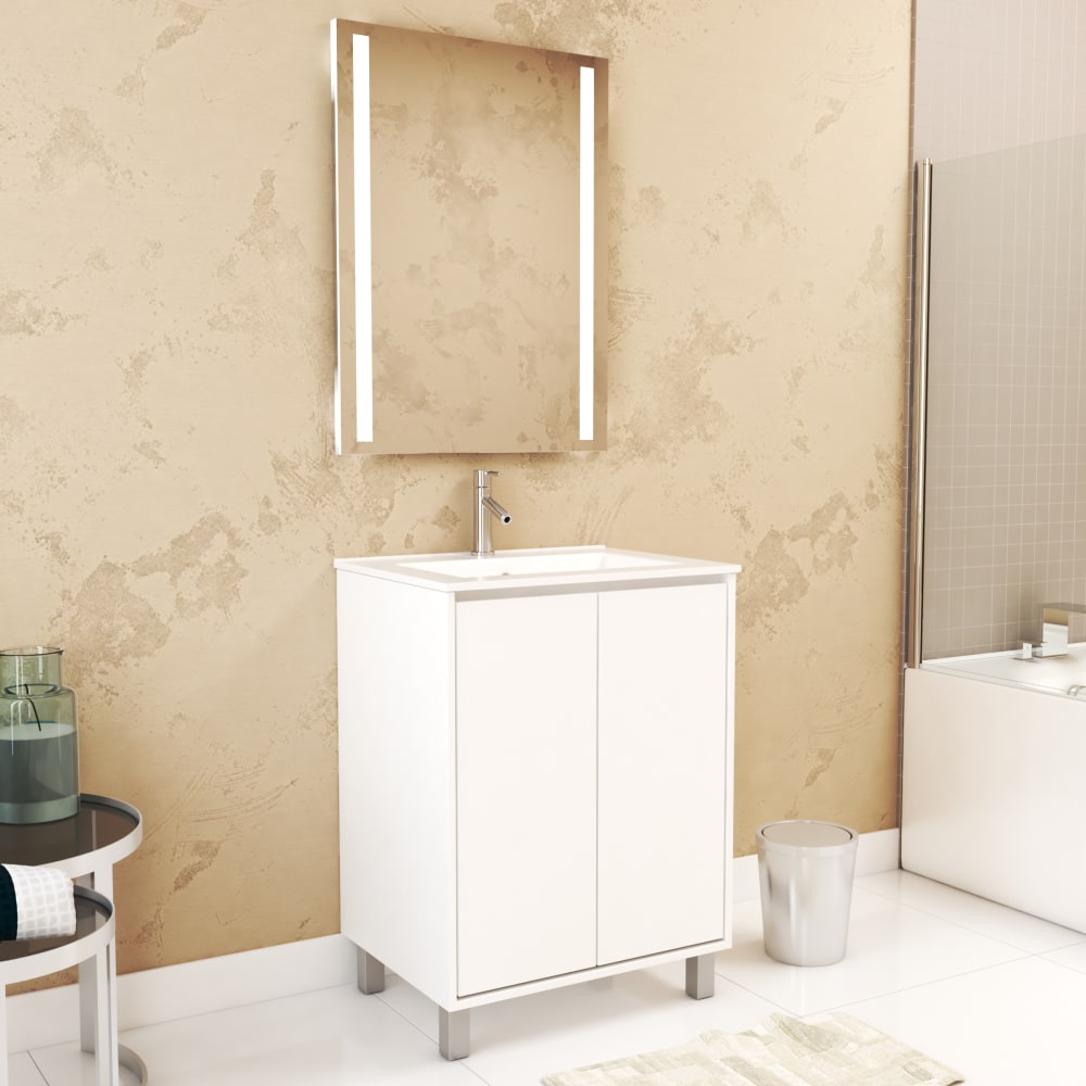 Meuble de salle de bains effet bois blanc avec miroir 46x60x83cm