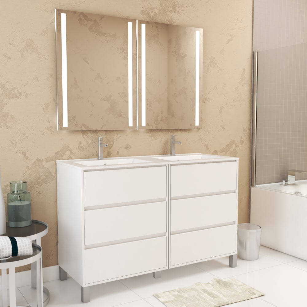 Meuble de salle de bains effet bois blanc avec miroir 46x120x83cm