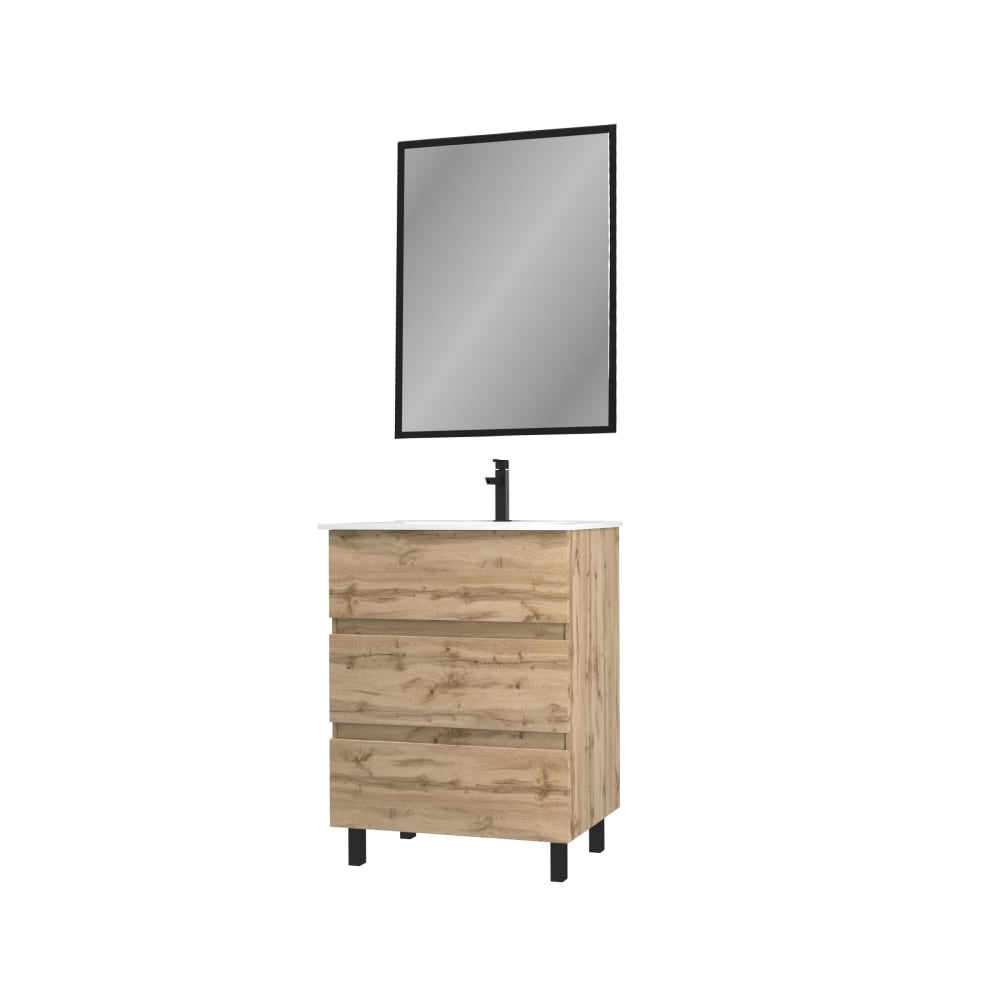 Meuble de salle de bains effet bois marron avec miroir