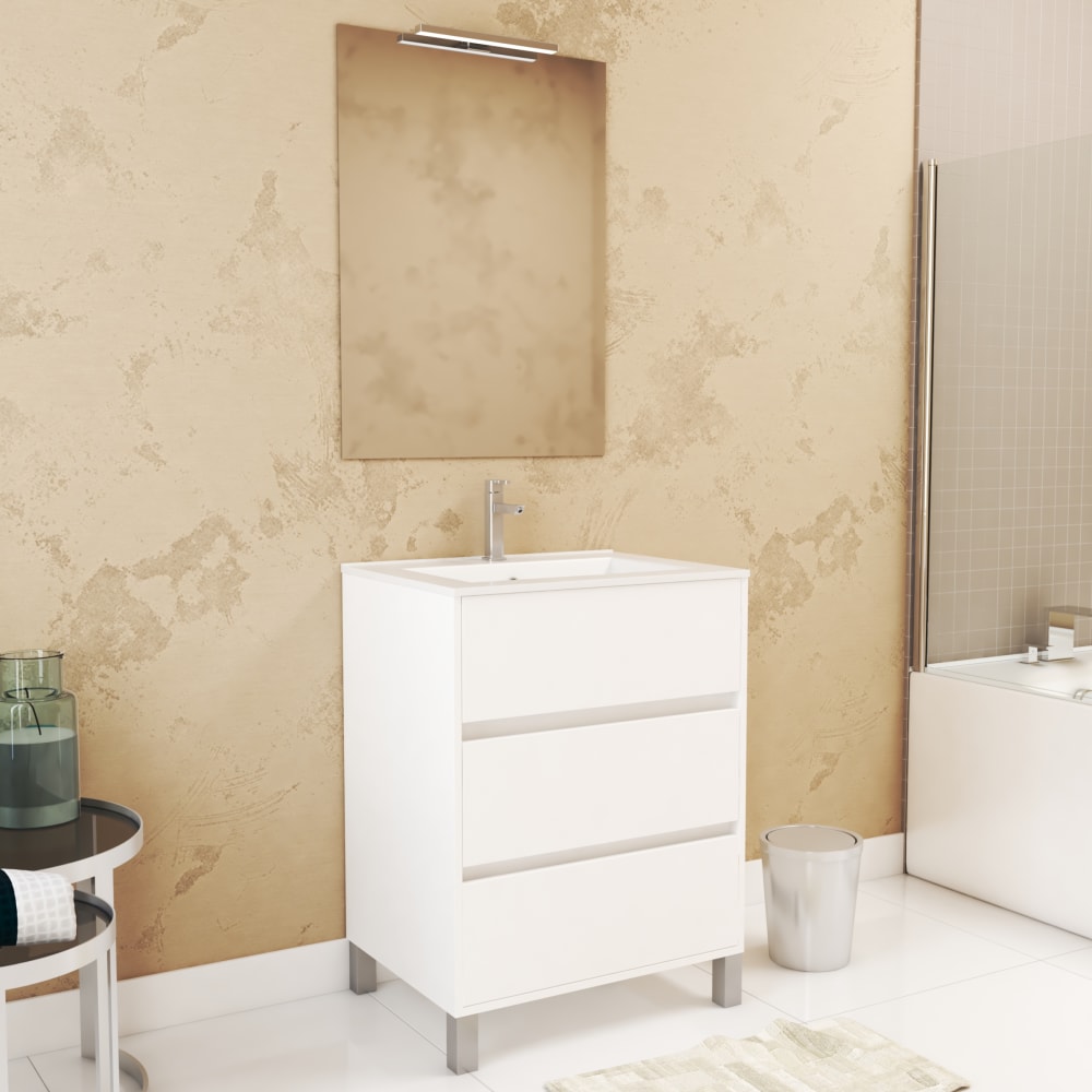 Meuble de salle de bains effet bois blanc avec miroir 46x60x83cm